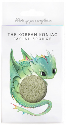 Cпонж для обличчя Konjac sponge з конжаку та  зеленою глиною в коробці з гачком (міфічний дракон)