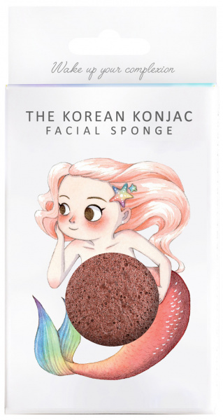 Cпонж для лица Konjac sponge с конжаку и красной глиной в коробке с крючком (мифическая русалка)